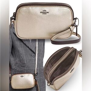 Coach Camera Bag Convertible Clutch Sadie Pebble Leather Cross Body Gold | 59952